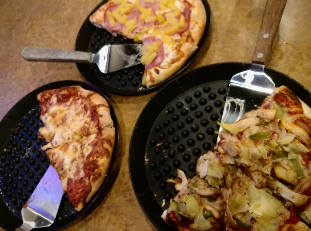 Chicken & Artichoke with Vegan Cheese Hawaiian and Cheese Pizzas